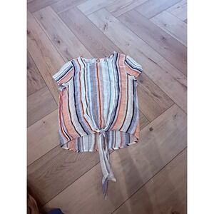 K.I.T. Womens Striped Short Sleeve Front Tie Rayon Blouse Multi-Color Small